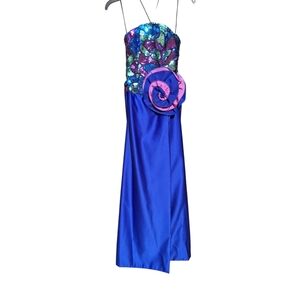 J Reynolds 90s Satin Gown Cobalt Strapless Sequins Formal Prom Dopamine Pageant